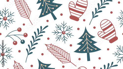 Festive winter holiday pattern with trees, snowflakes and mittens for print