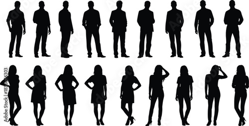 Silhouettes of people, formal and casual attire, standing poses, fashion vector, human figures, apparel design, posture study, illustration, black, sketch