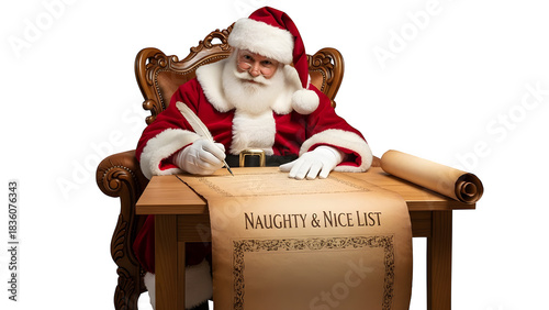 Santa claus reviewing his naughty and nice list in preparation for christmas eve