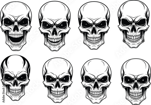 Angry Skull Head Vector Illustration Set: Detailed Human Skeleton Face, Evil Grimace, Aggressive Death Symbol, and Vintage Tattoo Style Graphics