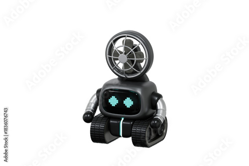 Futuristic miniature toy robot with a propeller fan head and caterpillar tracks, a 3D design concept isolated on a clean white background