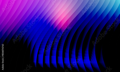 Neon ripple glass gradient in magenta, violet, ember orange on deep midnight. Sharp ribbed distortion, cinematic glow; futuristic texture background, vector illustration