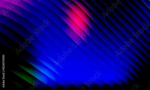 Neon ripple glass gradient in magenta, violet, ember orange on deep midnight. Sharp ribbed distortion, cinematic glow; futuristic texture background, vector illustration