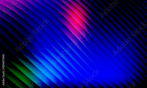 Neon ripple glass gradient in magenta, violet, ember orange on deep midnight. Sharp ribbed distortion, cinematic glow; futuristic texture background, vector illustration