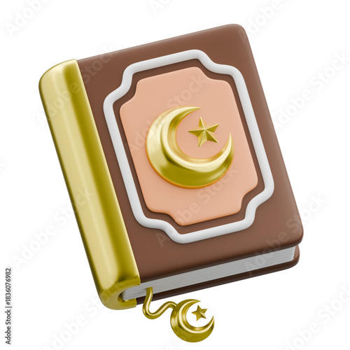 A glossy 3D icon design of the holy Quran, the sacred book of Islam, with a golden crescent moon and star on its decorative cover