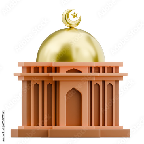 3D rendering of a spiritual sanctuary structure featuring a radiant golden dome and the symbolic crescent moon and star emblem, representing devotion and cultural heritage