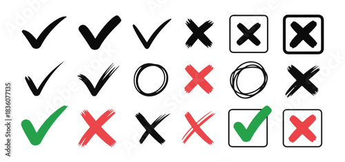 Set of various doodle style check mark and cross mark icons in black, red, and green colors