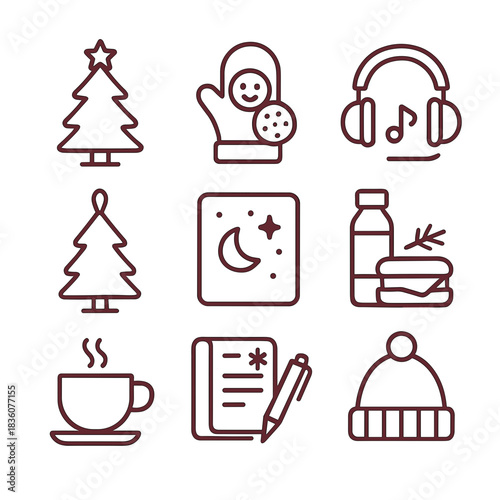 Christmas night rest icon set for long haul truck driver on road