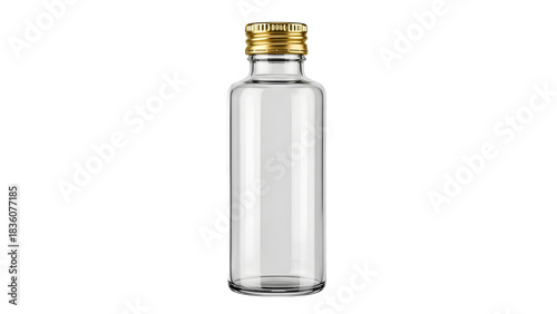 Elegant clear glass bottle with gold cap isolated on a black background