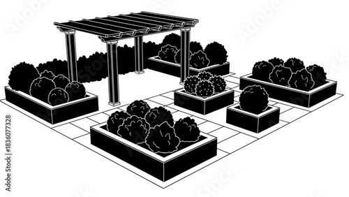 Illustration of a garden with plants in raised beds and a pergola.