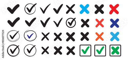 Check mark and cross vector icons set, different styles of tick and x symbols