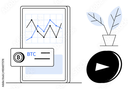Cryptocurrency, blockchain, investment, fintech, digital assets, financial growth. Mobile device displaying graph, Bitcoin logo plant and play button. Cryptocurrency and blockchain concept