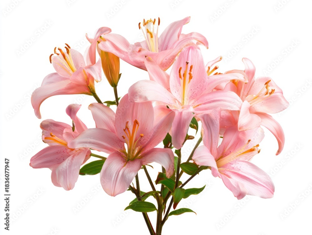 Fototapeta premium Bunch of soft pink lilies with vibrant yellow centers and green stems against white
