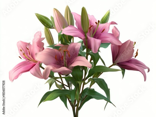 A vibrant bouquet of pink lilies with closed buds and lush green leaves against white