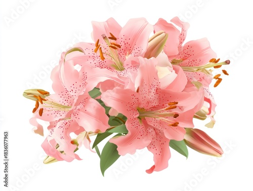A lush, vibrant bouquet of speckled pink lilies, some open, some in bud