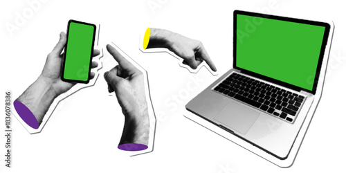 Vector halftone pop art illustration of a laptop and a hand holding a smartphone with green screens. A retro sticker collage featuring a pointing finger and digital devices for mockup.