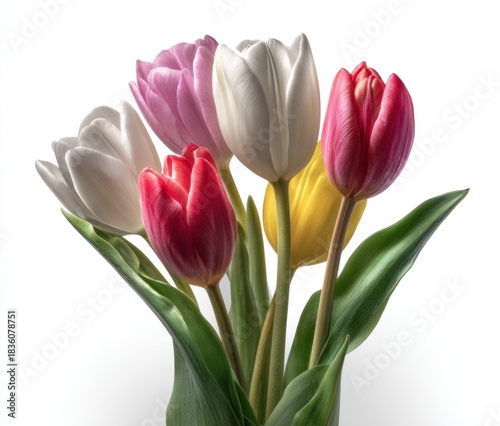 Close-up studio shot of a vibrant bouquet of multicolored tulips against a white backdrop