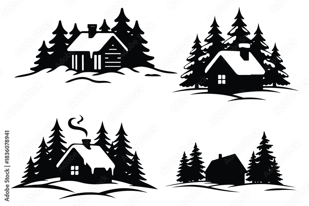 Obraz premium Four black silhouette winter cabin and pine tree scenes