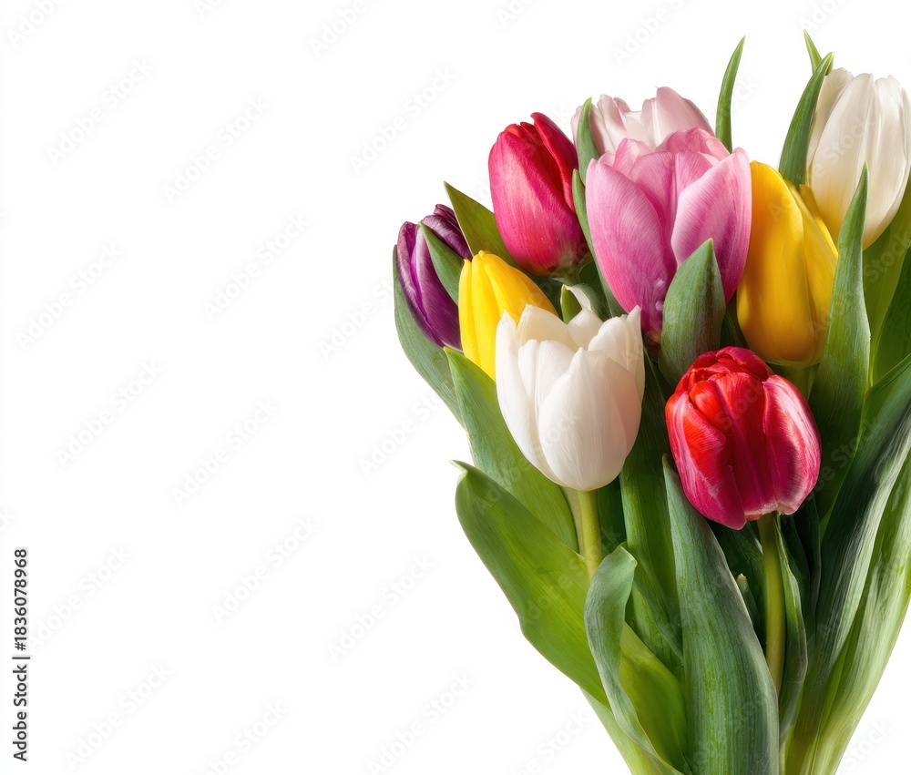 Fototapeta premium Vibrant bouquet of colorful tulips, partially visible, on white background
