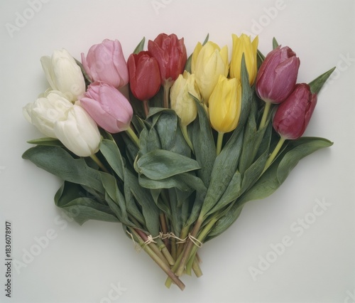 A vibrant bouquet of tulips in various colors, tightly bound on a white surface