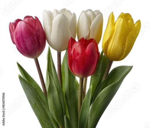 Vibrant bouquet of five tulips in shades of red, white, and yellow against a white backdrop