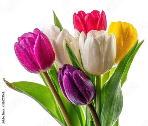 A vibrant bouquet of tulips in various colors, accented by green leaves and water droplets