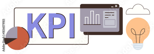KPI text with pie chart, bar graph in browser window, cloud, and lightbulb. Ideal for analytics, strategy, productivity, performance tracking innovation workflow presentation. Simple flat metaphor
