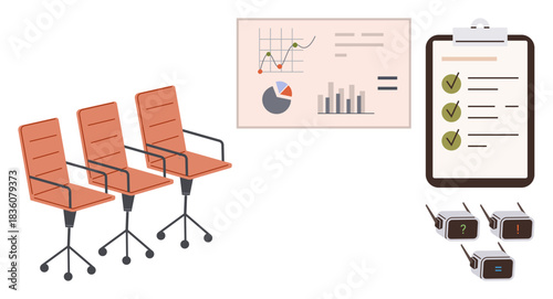 Three office chairs, analytical chart, checklist clipboard, and power switches suggesting themes thumbs up teamwork, planning. Ideal for business, productivity, management, strategy analysis