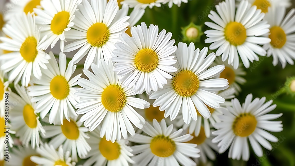 Fototapeta premium Cluster of fresh daisies with white petals and yellow centers in soft directional light.