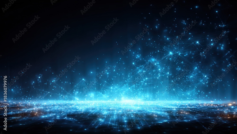 Obraz premium Abstract digital network with glowing blue lights, rising from a landscape