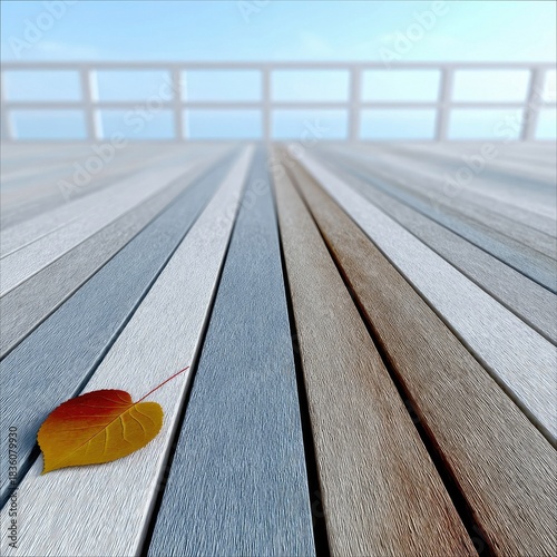 Autumn Leaf on Wooden Deck with Sky and Railing