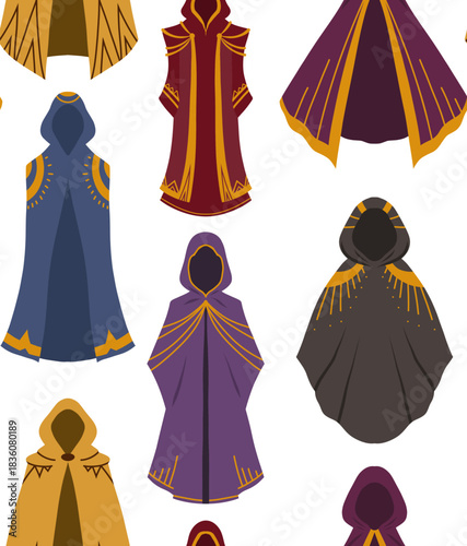 Vector seamless pattern with fantasy cloaks on white background. Texture with wizard clothing for games and concept art.
