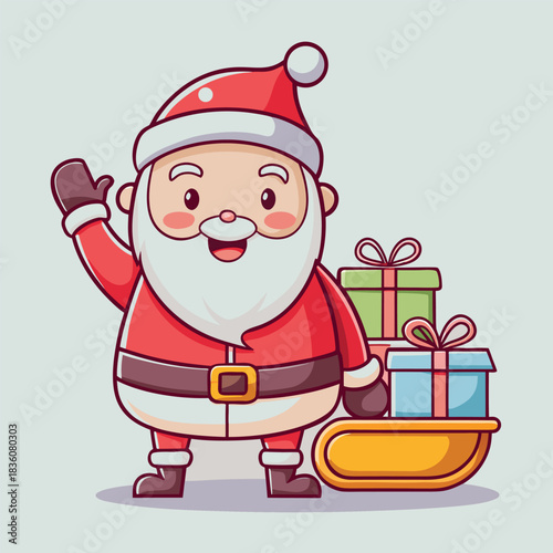 Adorable cartoon santa claus character cheerfully waving hello beside a festive sleigh overflowing with christmas gifts and presents