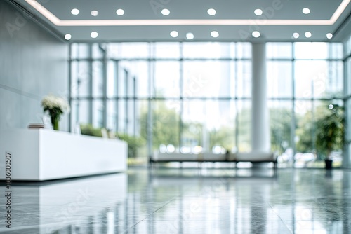 Bright, modern lobby with large windows and reflective floor
