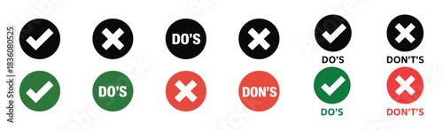 Set of black and green checkmark and cross icons with text for do's and don'ts guidelines