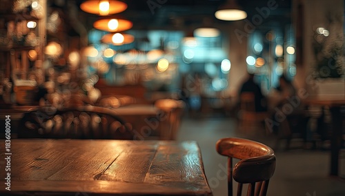 Cozy, dimly lit restaurant interior with wooden tables and chairs