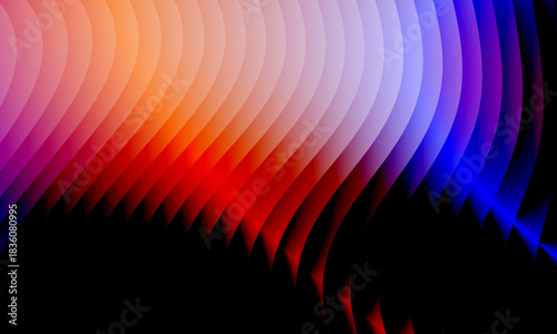 Neon ripple glass gradient in magenta, violet, ember orange on deep midnight. Sharp ribbed distortion, cinematic glow; futuristic texture background, vector illustration