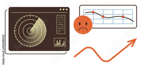 Radar interface, line chart with declining trend, sad face, and rising arrow. Ideal for data analysis, performance tracking, industry evaluation, problem visualization, risk assessment