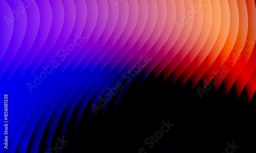 Neon ripple glass gradient in magenta, violet, ember orange on deep midnight. Sharp ribbed distortion, cinematic glow; futuristic texture background, vector illustration