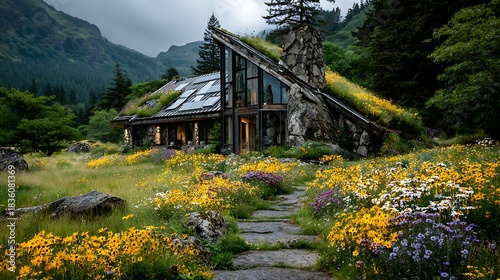 Modern mountain house flower garden high resolution picture