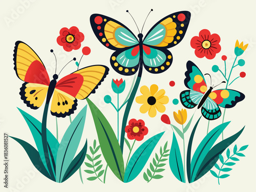 A vibrant and whimsical springtime illustration featuring delicate butterflies fluttering gracefully among a profusion of colorful blooming flowers and abundant lush green foliage