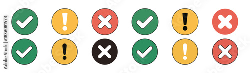 Collection of check marks, exclamation marks, and cross marks in circles. vector illustration