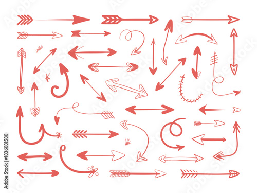 Set of red hand drawn doodle arrows isolated on white background indicating direction