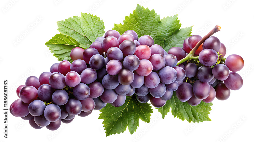 Fototapeta premium A vibrant bunch of purple grapes with green leaves isolated on a black background close up shot on transparent background