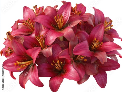 Close-up of vibrant pink lilies, overlapping, on white, showcasing stamens and petals