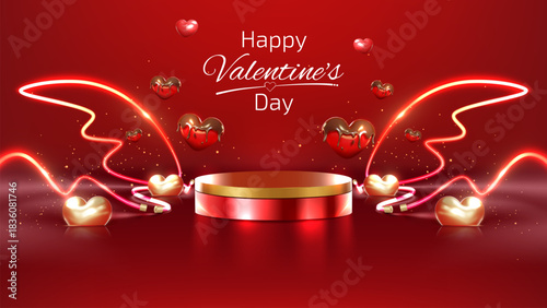 Valentine's Day product display background. Red podium with glowing neon wings and cute melting chocolate coated hearts.