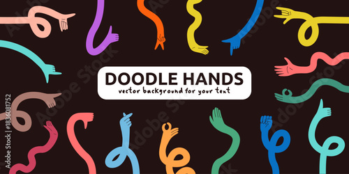 Flexible Long Arm Hand Background for Text. Colorful Abstract Hands Flexible Gesture Textbox with Funky Style. Vector Doodle Illustration