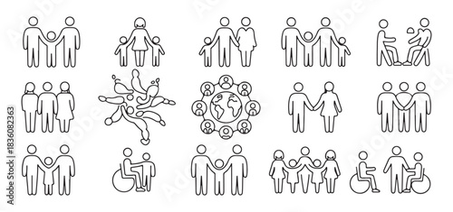 Set of 15 family and people line icons, such as parents, children, care, couple and group