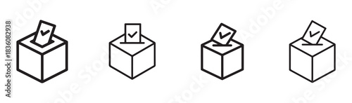 Vote box icon set, ballot paper with check mark, election choice symbols collection