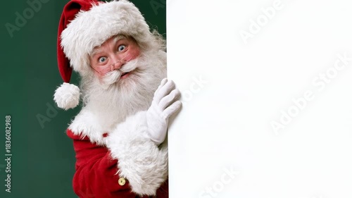 Smiling Santa peeks from behind large blank white panel on red background offering perfect space for Christmas sale message festive greeting or holiday promotion design